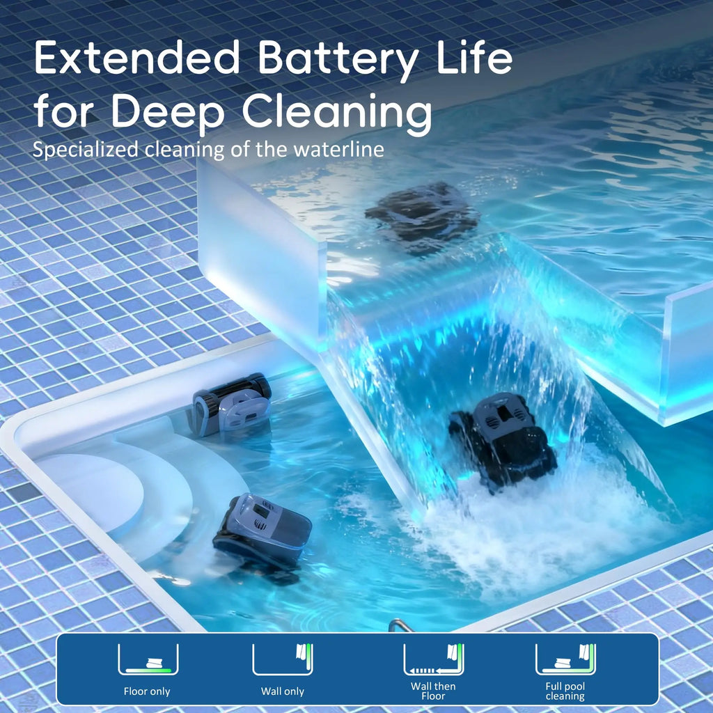 AquaBot Shark™ AI Pro – Robot Nettoyeur Piscine Sans Fil, Navigation IA Sonar, 4 Modes, 240 min, Jusqu'à 300 m²