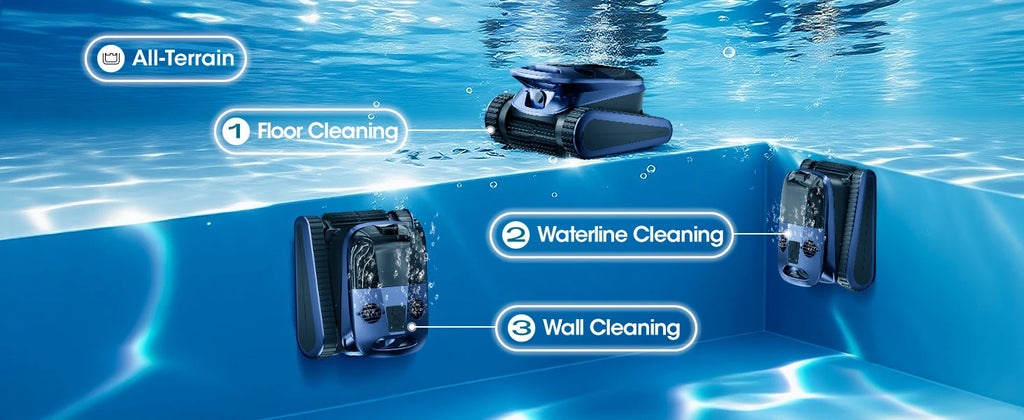 AquaBot Shark™ AI Pro – Robot Nettoyeur Piscine Sans Fil, Navigation IA Sonar, 4 Modes, 240 min, Jusqu'à 300 m²