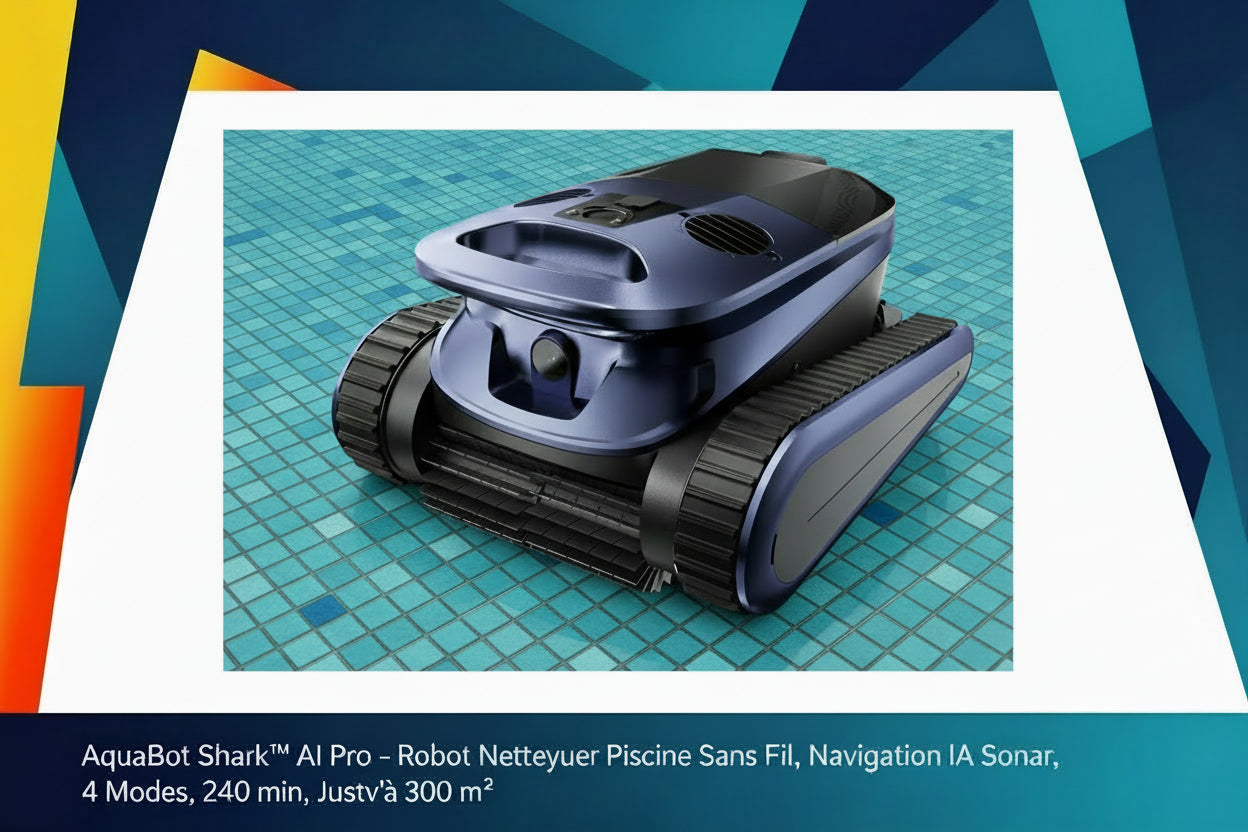 AquaBot Shark™ AI Pro – Robot Nettoyeur Piscine Sans Fil, Navigation IA Sonar, 4 Modes, 240 min, Jusqu'à 300 m²