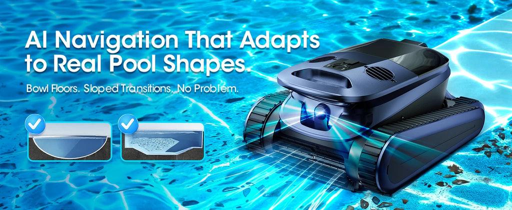 AquaBot Shark™ AI Pro – Robot Nettoyeur Piscine Sans Fil, Navigation IA Sonar, 4 Modes, 240 min, Jusqu'à 300 m²