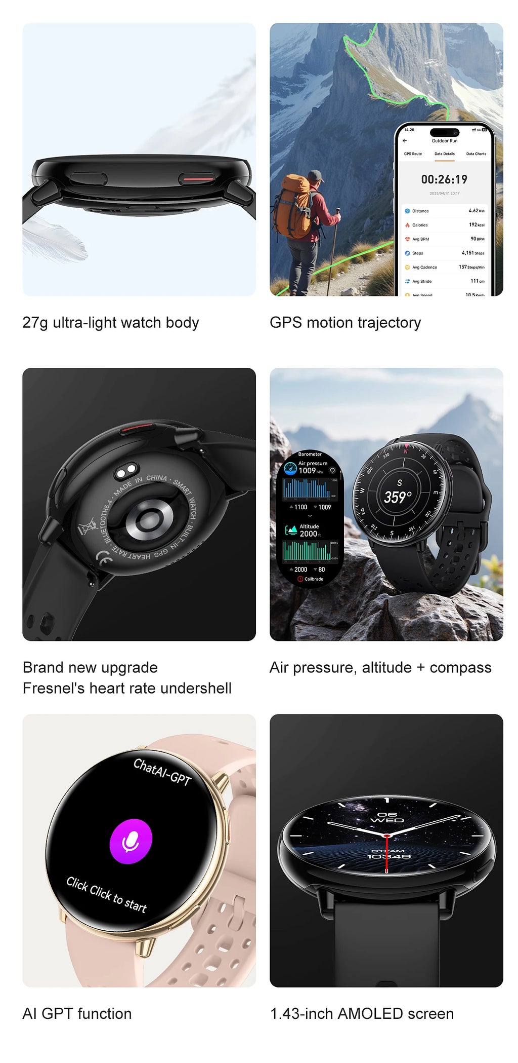 LunaWatch X™ GPS Outdoor – Montre Connectée AMOLED 1.43", GPS, Boussole, IP68, ChatGPT, 9 Sports