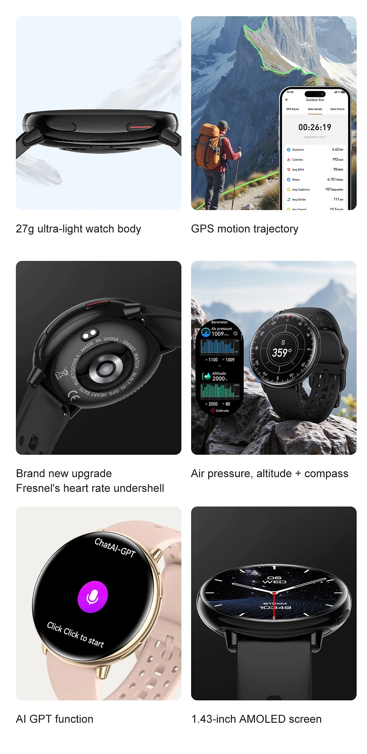 LunaWatch X™ GPS Outdoor – Montre Connectée AMOLED 1.43", GPS, Boussole, IP68, ChatGPT, 9 Sports