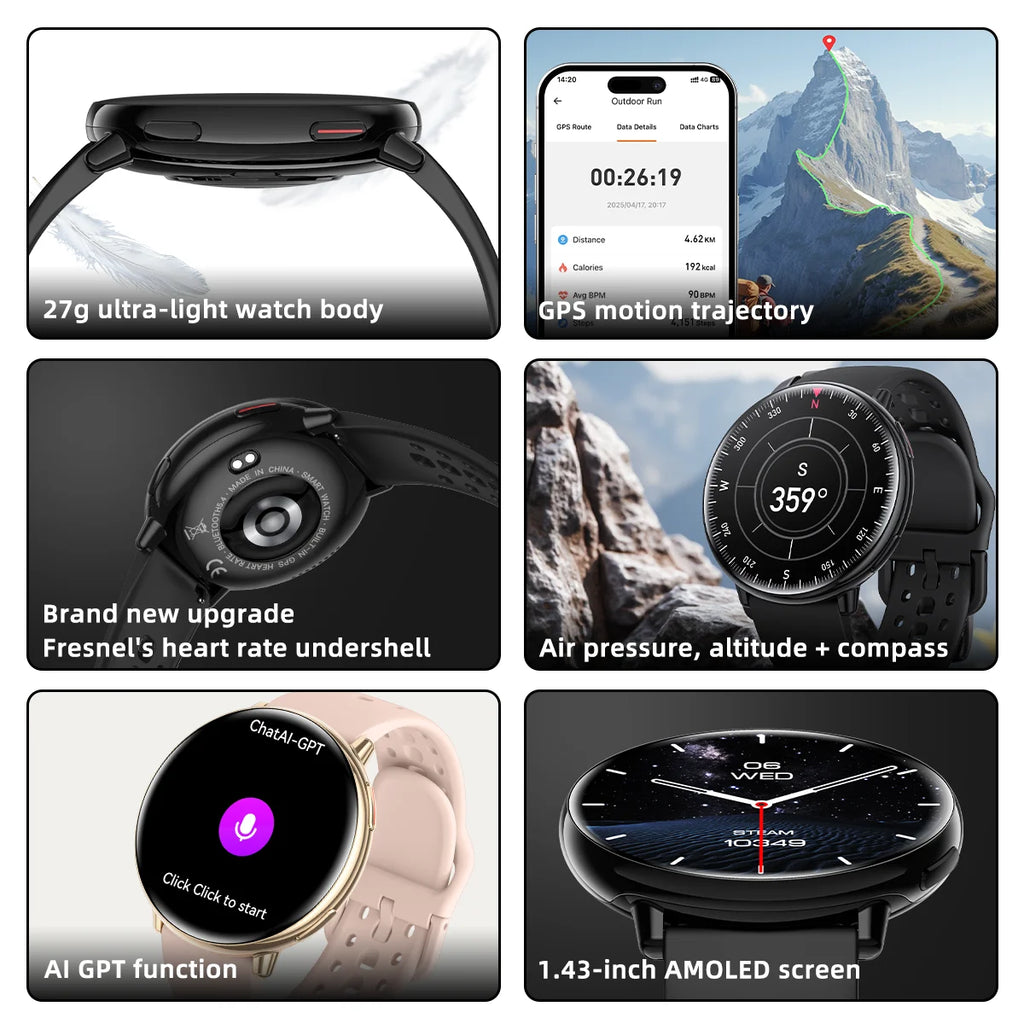 LunaWatch X™ GPS Outdoor – Montre Connectée AMOLED 1.43", GPS, Boussole, IP68, ChatGPT, 9 Sports