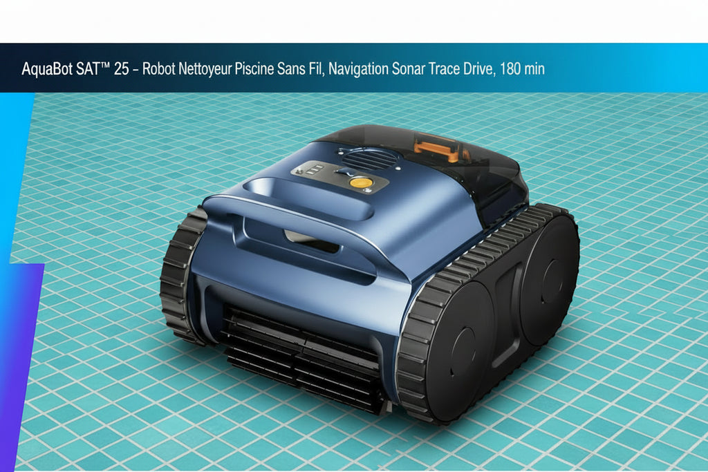 AquaBot SAT™ 25 Sonar – Robot Nettoyeur Piscine Sans Fil, Navigation Sonar Trace Drive, 180 min, Parois & Fond
