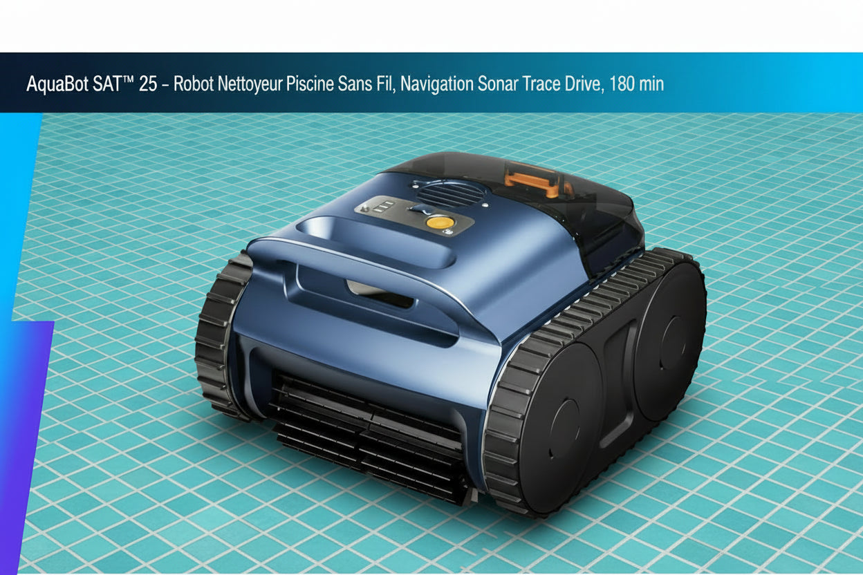 AquaBot SAT™ 25 Sonar – Robot Nettoyeur Piscine Sans Fil, Navigation Sonar Trace Drive, 180 min, Parois & Fond
