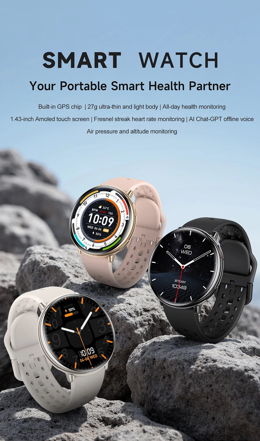 LunaWatch X™ GPS Outdoor – Montre Connectée AMOLED 1.43", GPS, Boussole, IP68, ChatGPT, 9 Sports