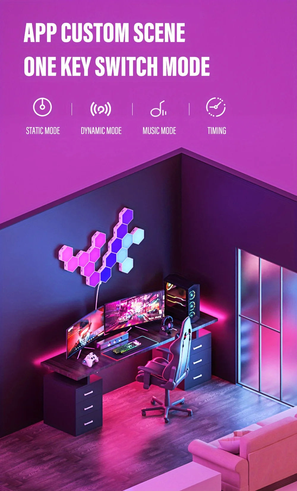 HexaGlow RGB™ Pro – Lampe Murale Hexagonale Connectée, Contrôle WiFi & BT, Synchronisation Musicale, DIY