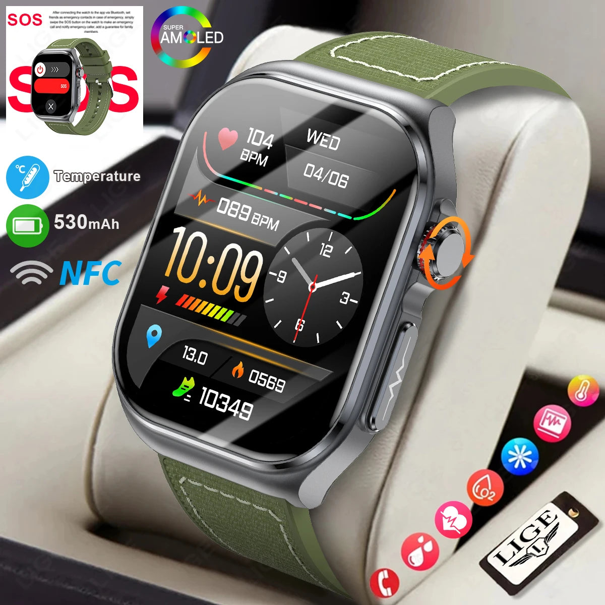 LunaWatch X™ Pro 2.04" – Montre Connectée AMOLED, ECG, NFC, Composition Corporelle, IP68, 7 Bracelets