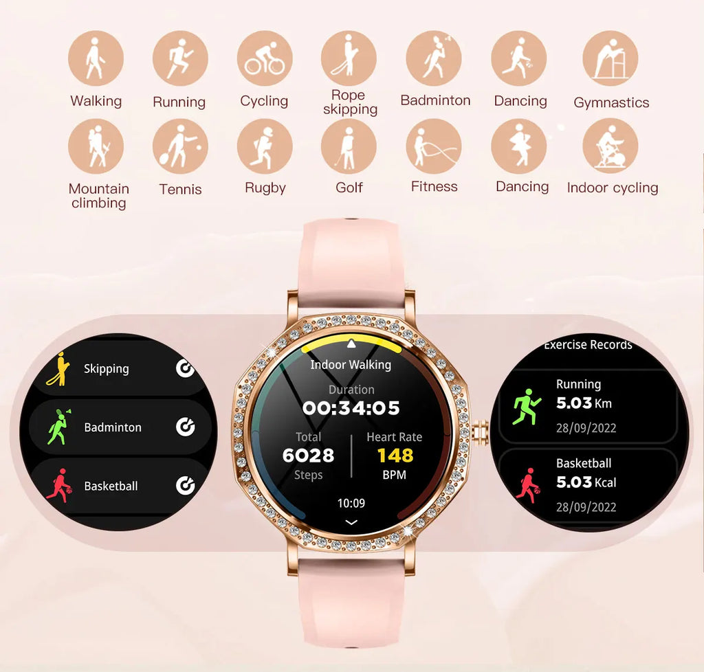 LunaWatch X™ ChatGPT – Montre Connectée Femme AMOLED 1.32", Cadran Diamant, IP68, ChatGPT, Appels BT