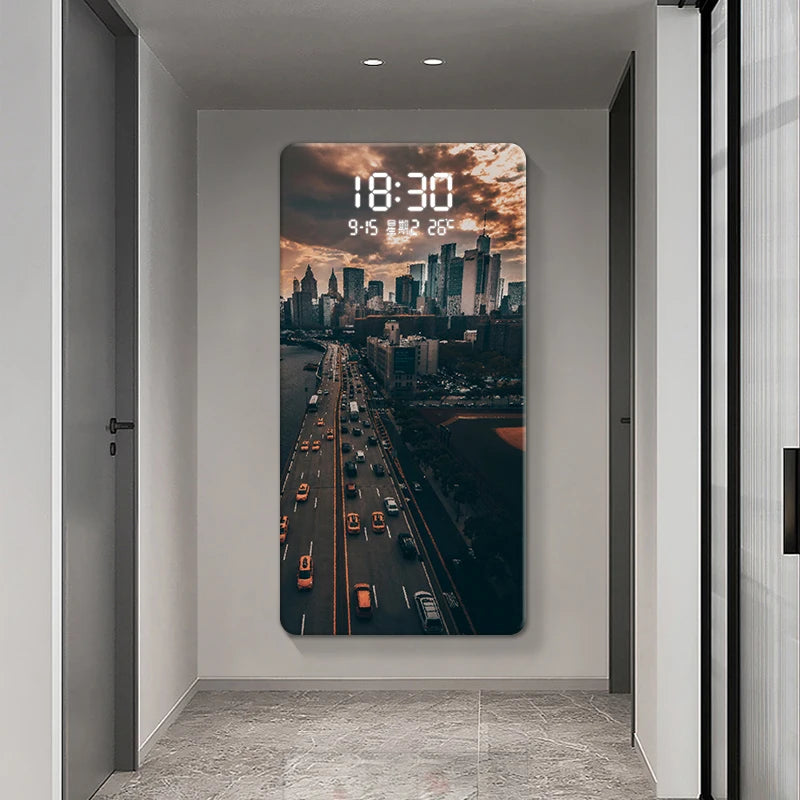 ChronoSense™ Radar – Horloge Murale LED à Détection de Mouvement, Paysage Urbain, Calendrier & Alarme