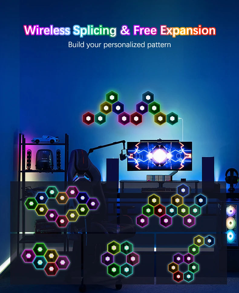 QuantumWall RGB™ Pro – LED-Hexagonale Wandleuchte, Bluetooth- & Fernbedienung, Musiksynchronisation, DIY