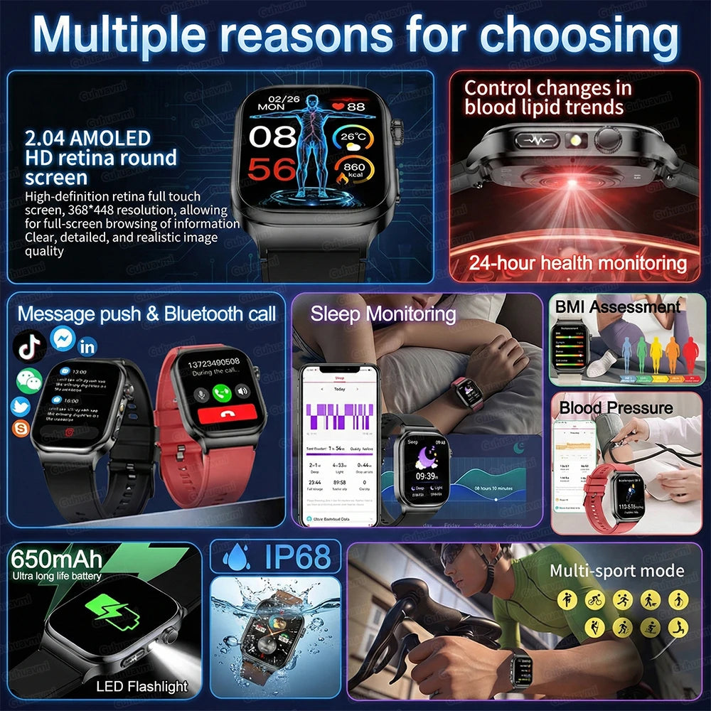 LunaWatch X™ Ultra Health – Montre Connectée AMOLED 2.04", ECG, Analyse Corporelle, Verre Saphir, IP68, 14 Bracelets