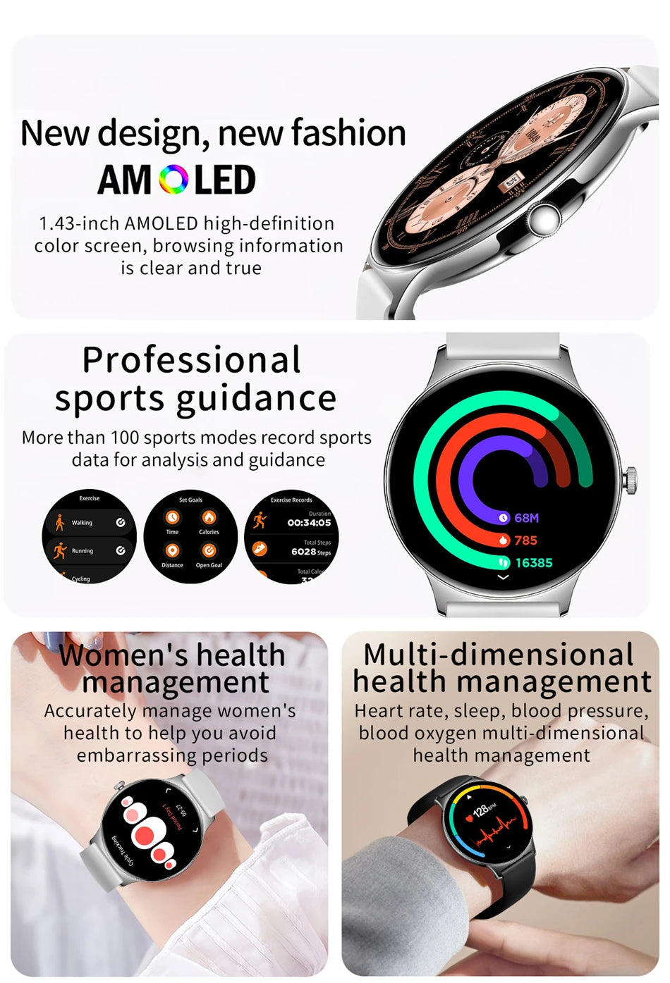 LunaWatch X™ Lady 466 – Montre Connectée Femme AMOLED 1.43", Always On, Appels BT, Santé Féminine, 9 Coloris