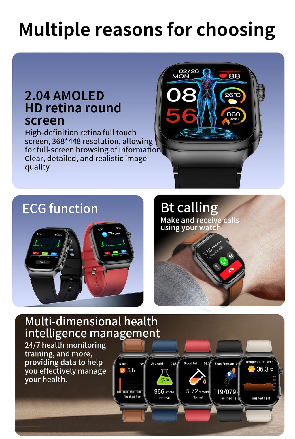 LunaWatch X™ Ultra Health – Montre Connectée AMOLED 2.04", ECG, Analyse Corporelle, Verre Saphir, IP68, 14 Bracelets