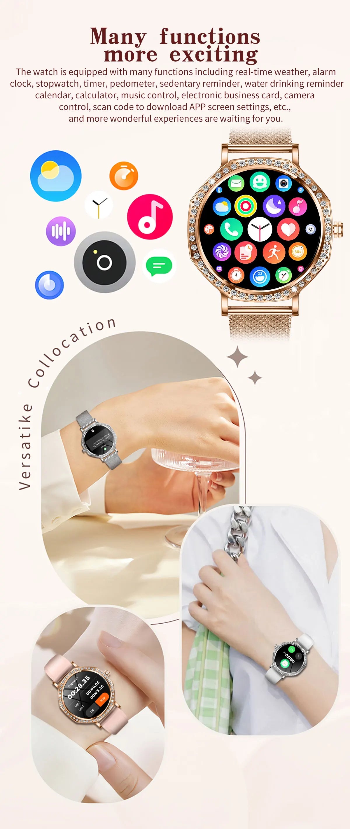 LunaWatch X™ ChatGPT – Montre Connectée Femme AMOLED 1.32", Cadran Diamant, IP68, ChatGPT, Appels BT