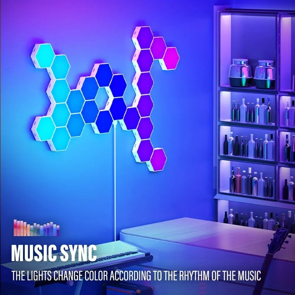 HexaGlow RGB™ Pro – Lampe Murale Hexagonale Connectée, Contrôle WiFi & BT, Synchronisation Musicale, DIY