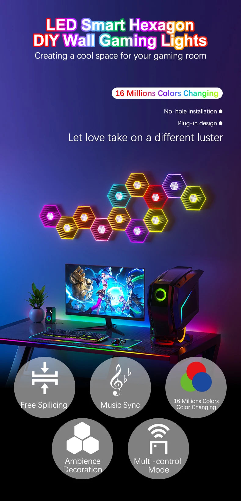 QuantumWall RGB™ Pro – LED-Hexagonale Wandleuchte, Bluetooth- & Fernbedienung, Musiksynchronisation, DIY
