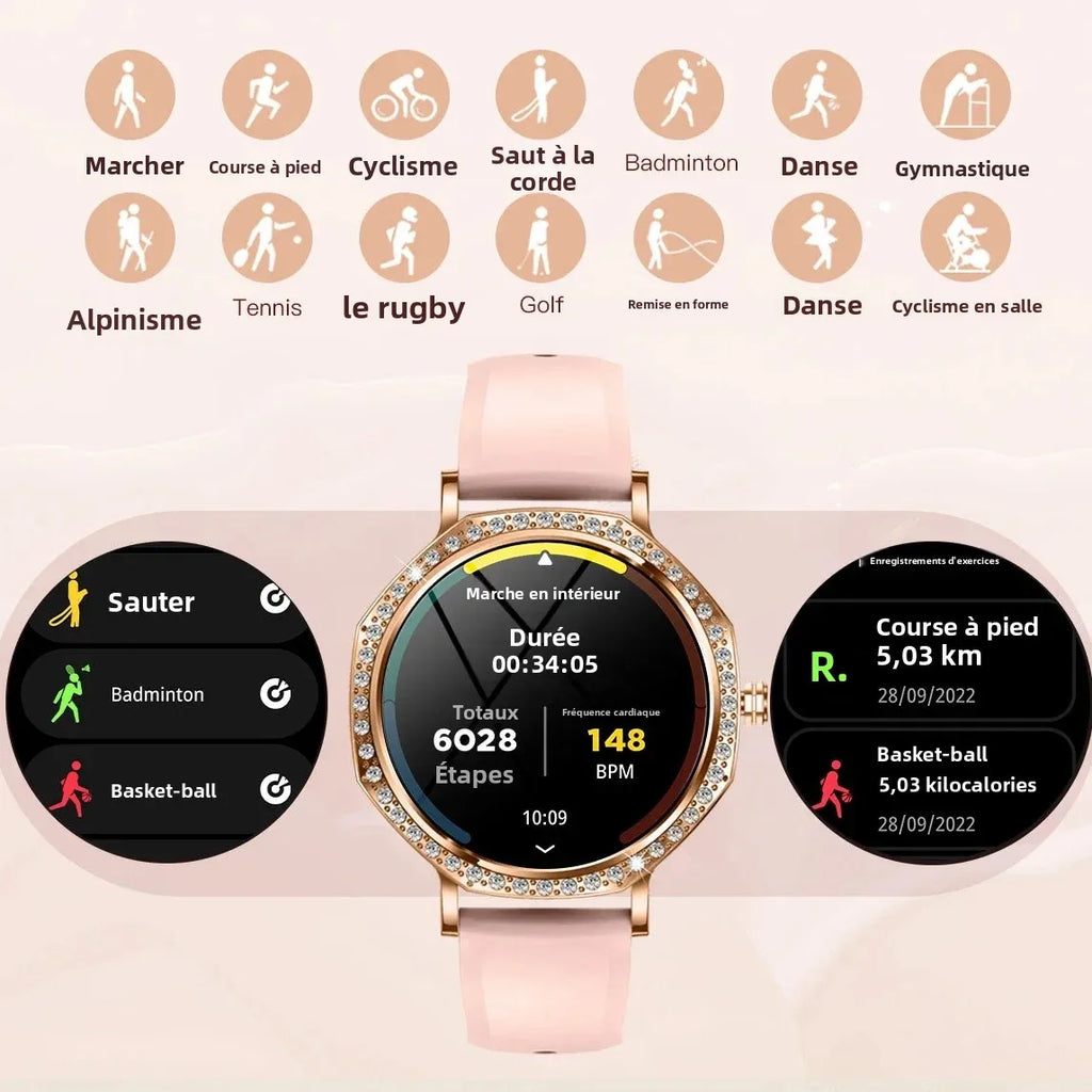 LunaWatch X™ ChatGPT – Montre Connectée Femme AMOLED 1.32", Cadran Diamant, IP68, ChatGPT, Appels BT