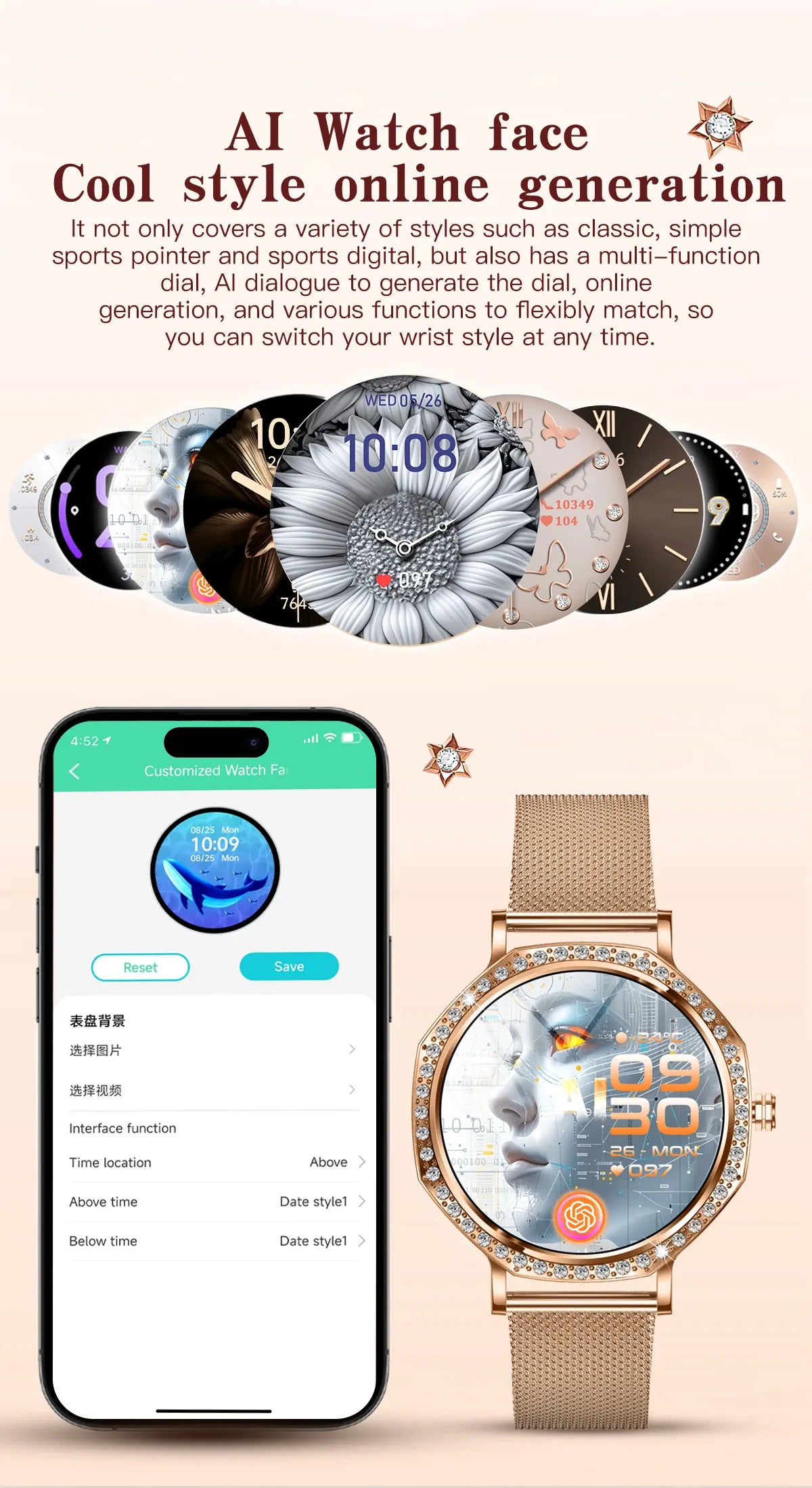 LunaWatch X™ ChatGPT – Montre Connectée Femme AMOLED 1.32", Cadran Diamant, IP68, ChatGPT, Appels BT