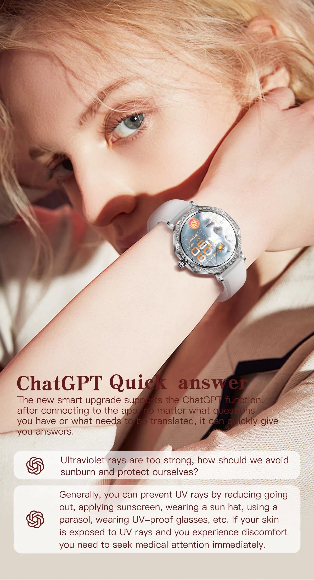 LunaWatch X™ ChatGPT – Montre Connectée Femme AMOLED 1.32", Cadran Diamant, IP68, ChatGPT, Appels BT