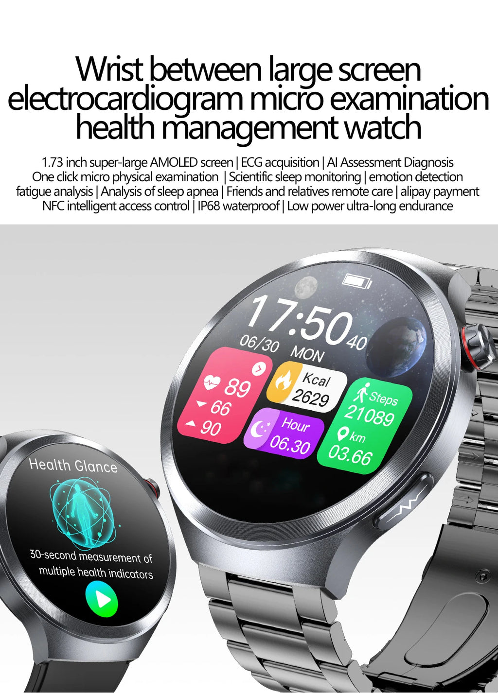 LunaWatch X™ ECG Pro NFC – Montre Connectée AMOLED 1.73", ECG, NFC, IP68, SOS, Appels BT, 530mAh
