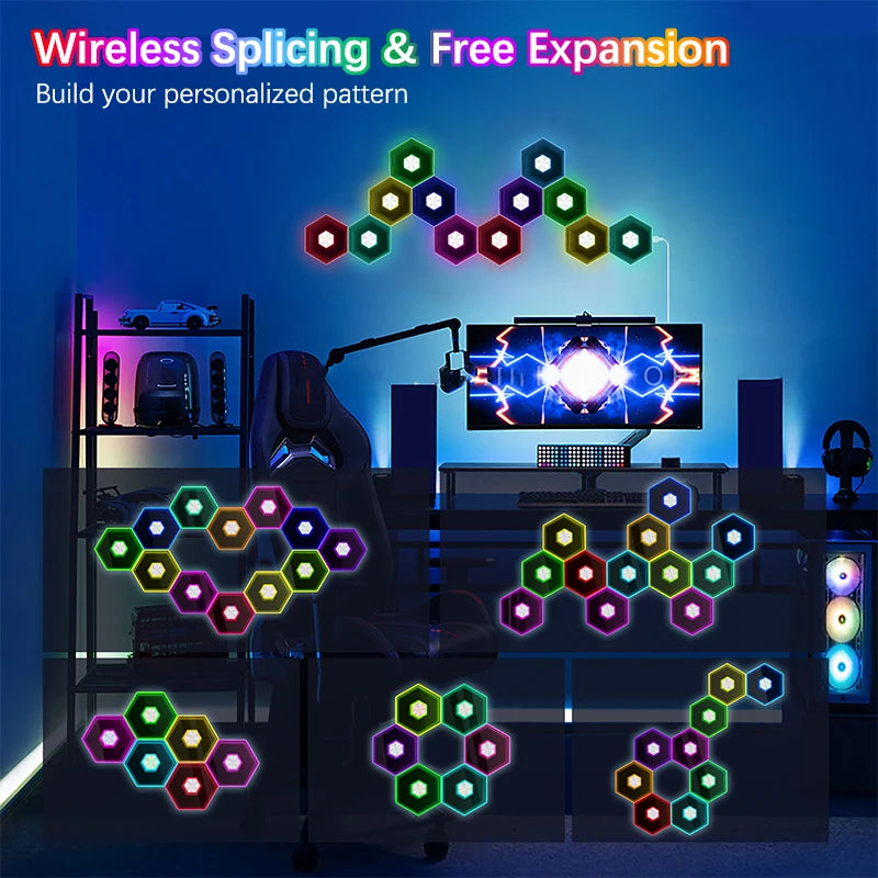 QuantumWall RGB™ Pro – LED-Hexagonale Wandleuchte, Bluetooth- & Fernbedienung, Musiksynchronisation, DIY