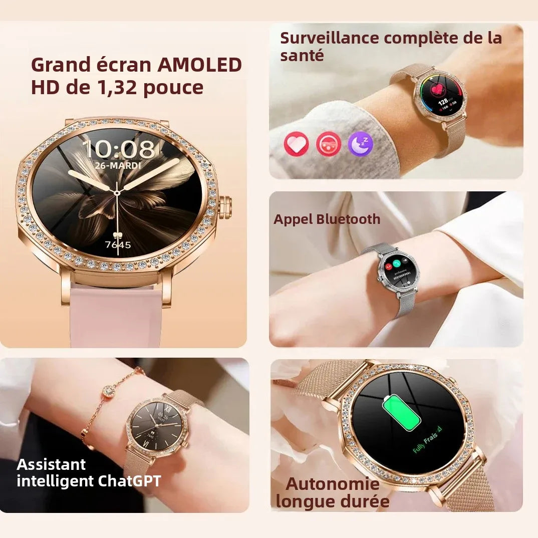 LunaWatch X™ ChatGPT – Montre Connectée Femme AMOLED 1.32", Cadran Diamant, IP68, ChatGPT, Appels BT