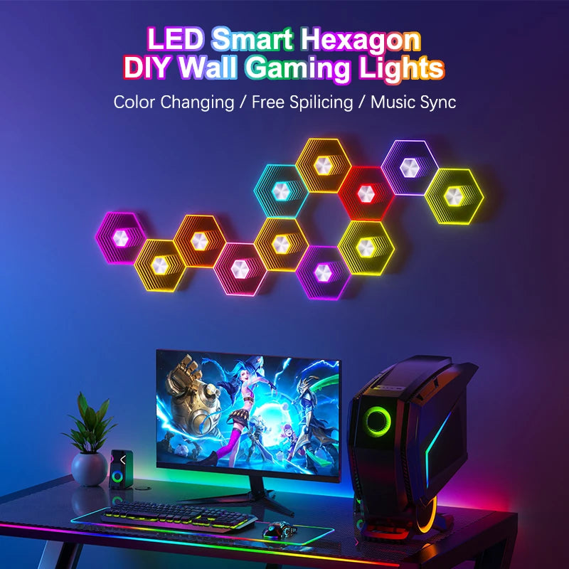 QuantumWall RGB™ Pro – Lampe Murale Hexagonale LED, Contrôle Bluetooth & Télécommande, Synchronisation Musicale, DIY