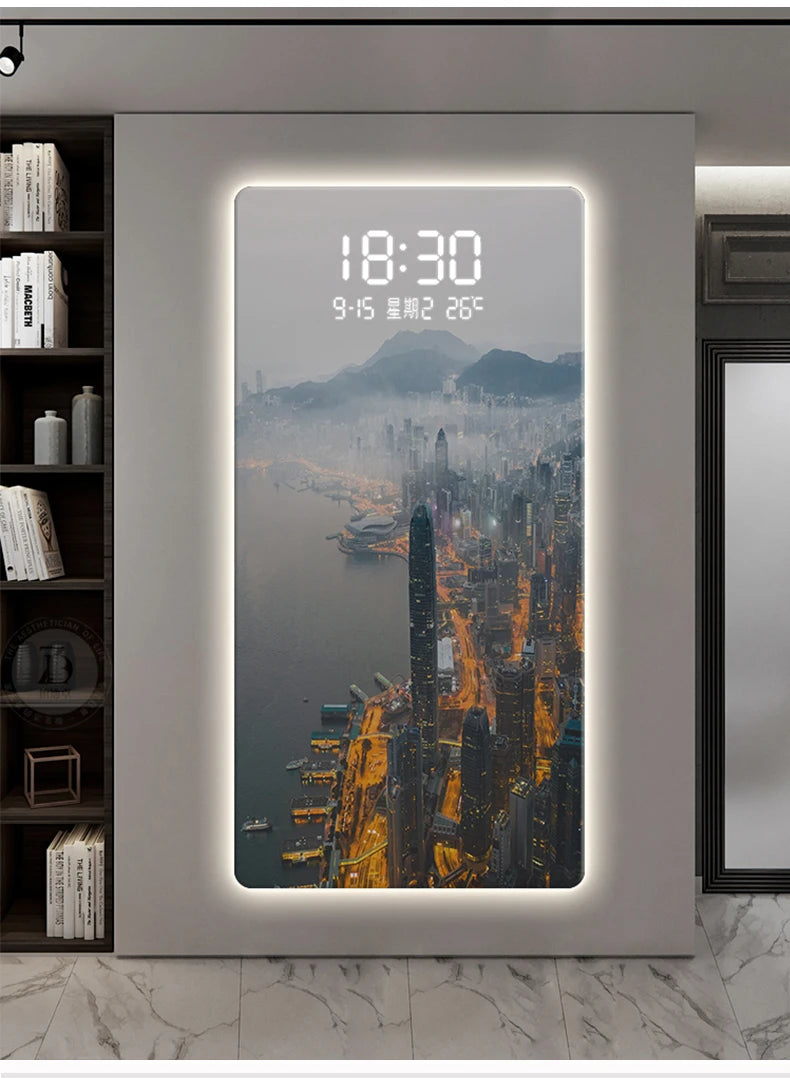 ChronoSense™ Radar – Horloge Murale LED à Détection de Mouvement, Paysage Urbain, Calendrier & Alarme