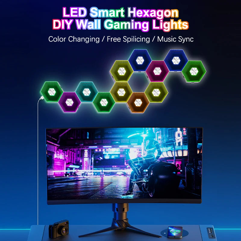 QuantumWall RGB™ Pro – LED-Hexagonale Wandleuchte, Bluetooth- & Fernbedienung, Musiksynchronisation, DIY