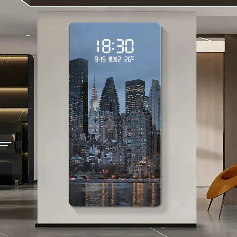 ChronoSense™ Radar – Horloge Murale LED à Détection de Mouvement, Paysage Urbain, Calendrier & Alarme