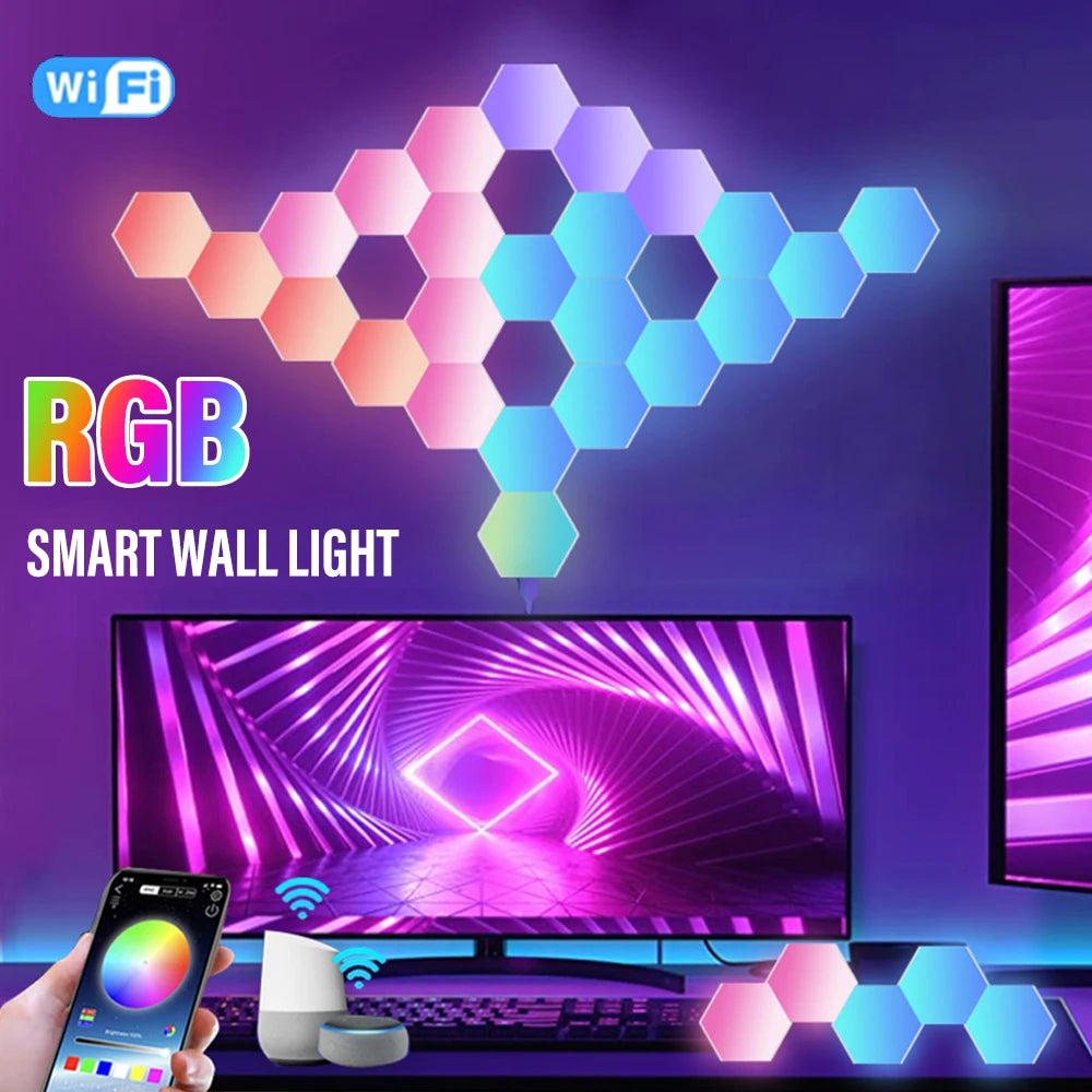 HexaGlow RGB™ Pro – Lampe Murale Hexagonale Connectée, Contrôle WiFi & BT, Synchronisation Musicale, DIY