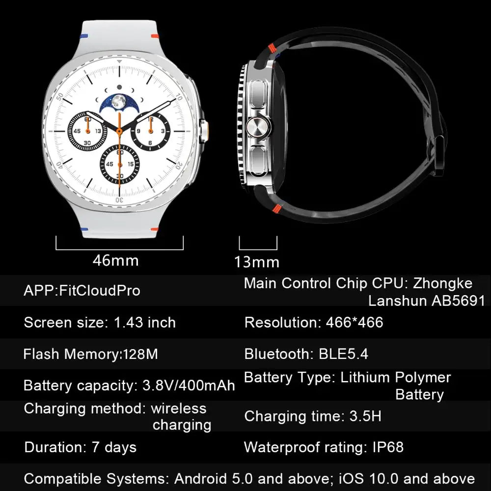 LunaWatch X™ Outdoor – Montre Connectée AMOLED 1.43", 9 Sports, Appels BT, Assistant Vocal, Charge Sans Fil