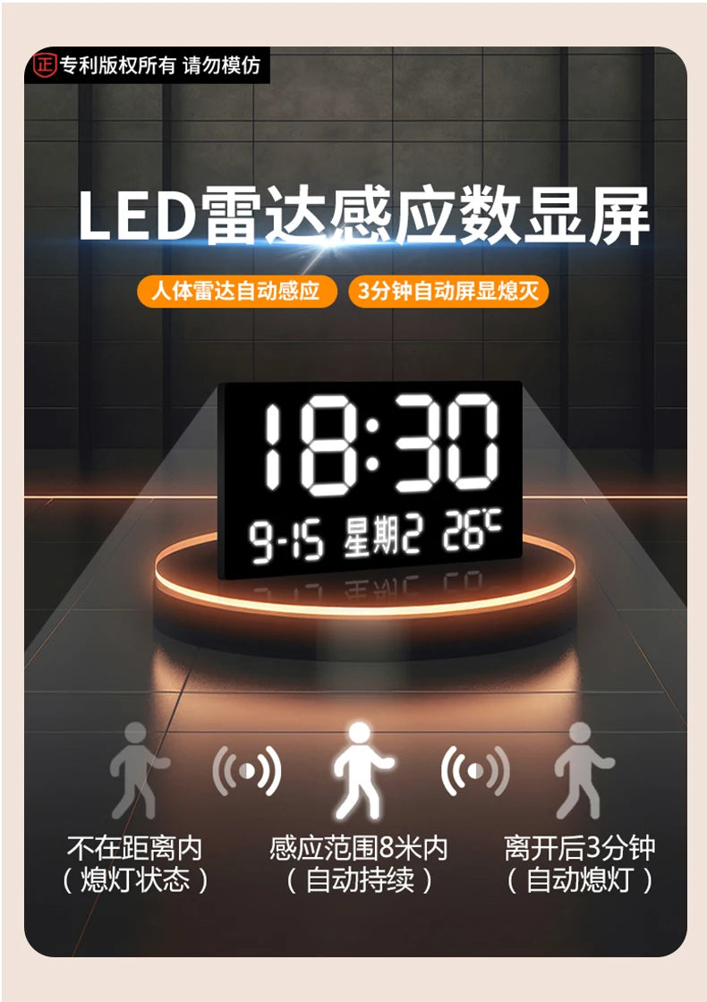 ChronoSense™ Radar – Horloge Murale LED à Détection de Mouvement, Paysage Urbain, Calendrier & Alarme