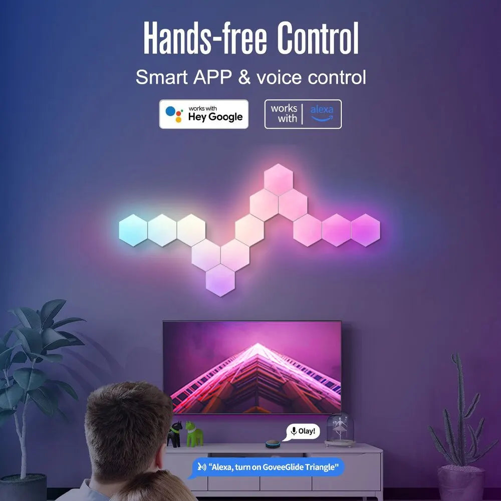 HexaGlow RGB™ Pro – Lampe Murale Hexagonale Connectée, Contrôle WiFi & BT, Synchronisation Musicale, DIY