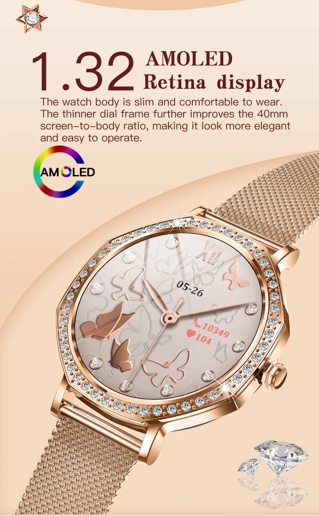 LunaWatch X™ ChatGPT – Montre Connectée Femme AMOLED 1.32", Cadran Diamant, IP68, ChatGPT, Appels BT