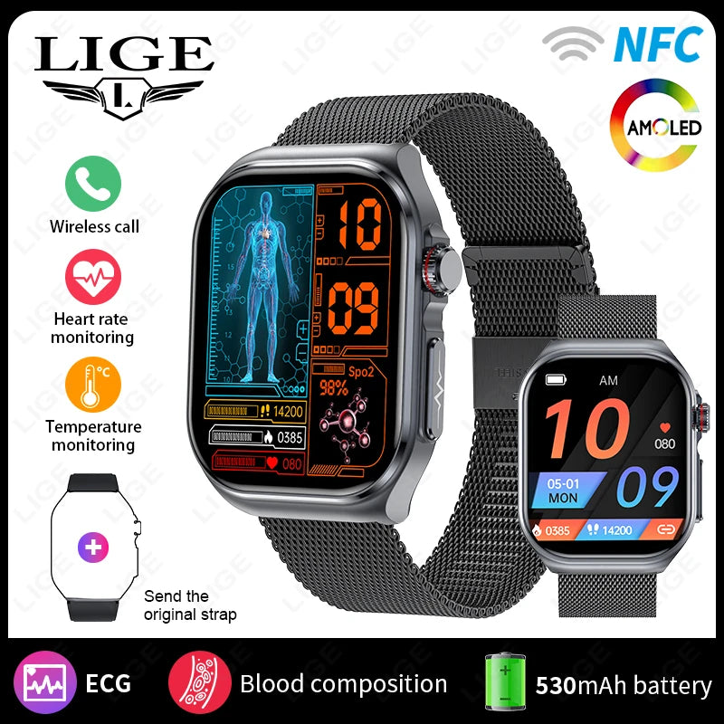 LunaWatch X™ Pro 2.04" – Montre Connectée AMOLED, ECG, NFC, Composition Corporelle, IP68, 7 Bracelets