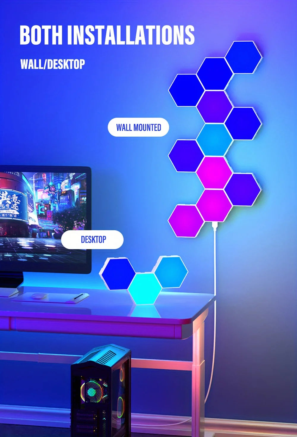 HexaGlow RGB™ Pro – Lampe Murale Hexagonale Connectée, Contrôle WiFi & BT, Synchronisation Musicale, DIY