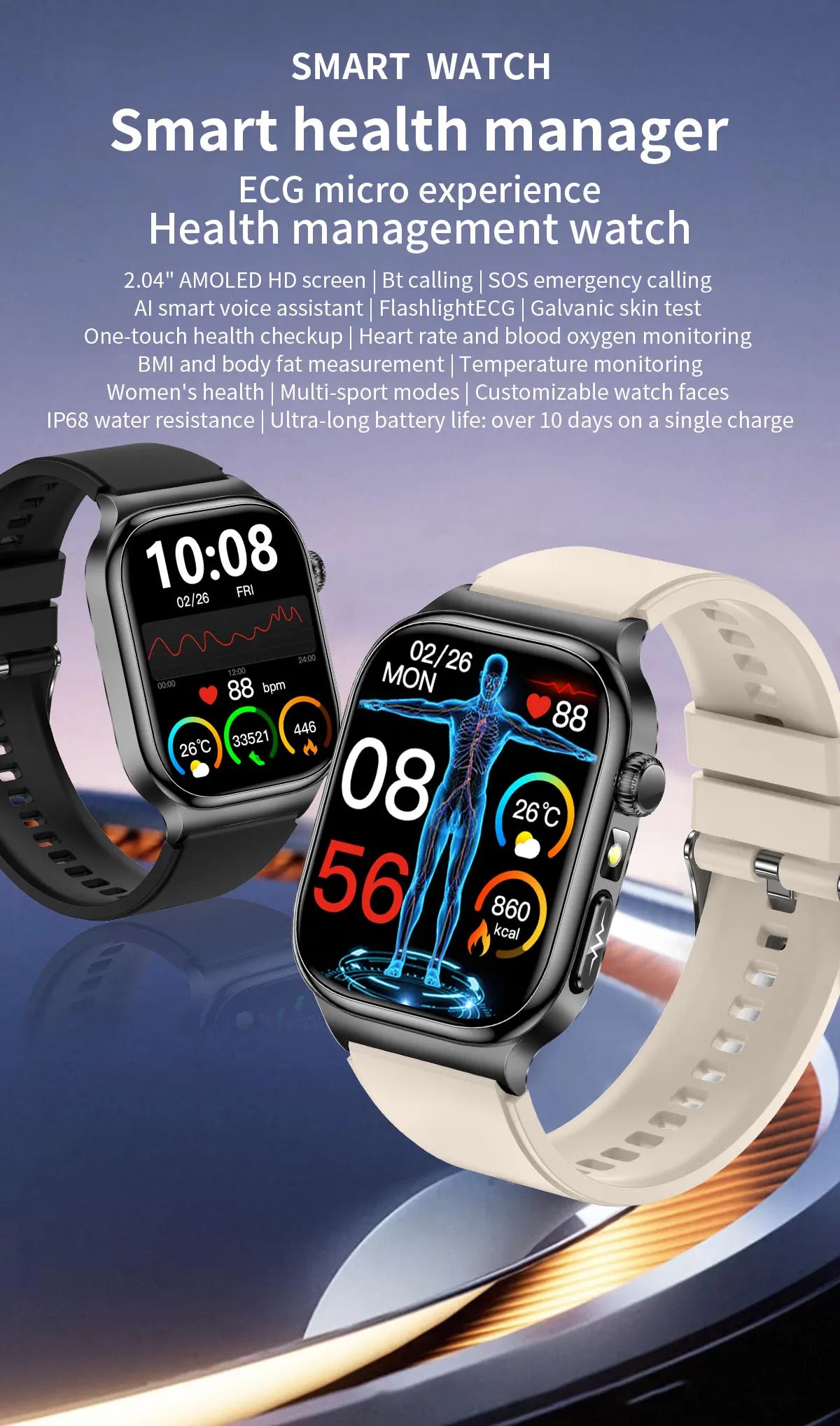 LunaWatch X™ Ultra Health Pro – Montre Connectée AMOLED 2.04", ECG, Saphir, IP68, 14-20 Jours, 13 Bracelets