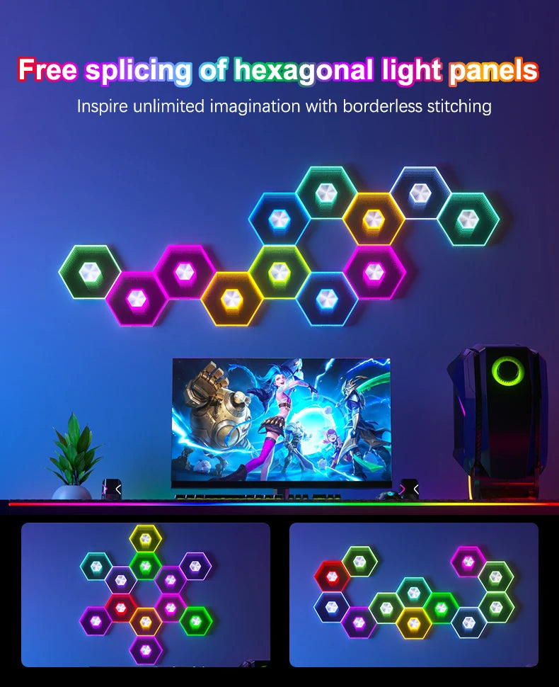 QuantumWall RGB™ Pro – LED-Hexagonale Wandleuchte, Bluetooth- & Fernbedienung, Musiksynchronisation, DIY