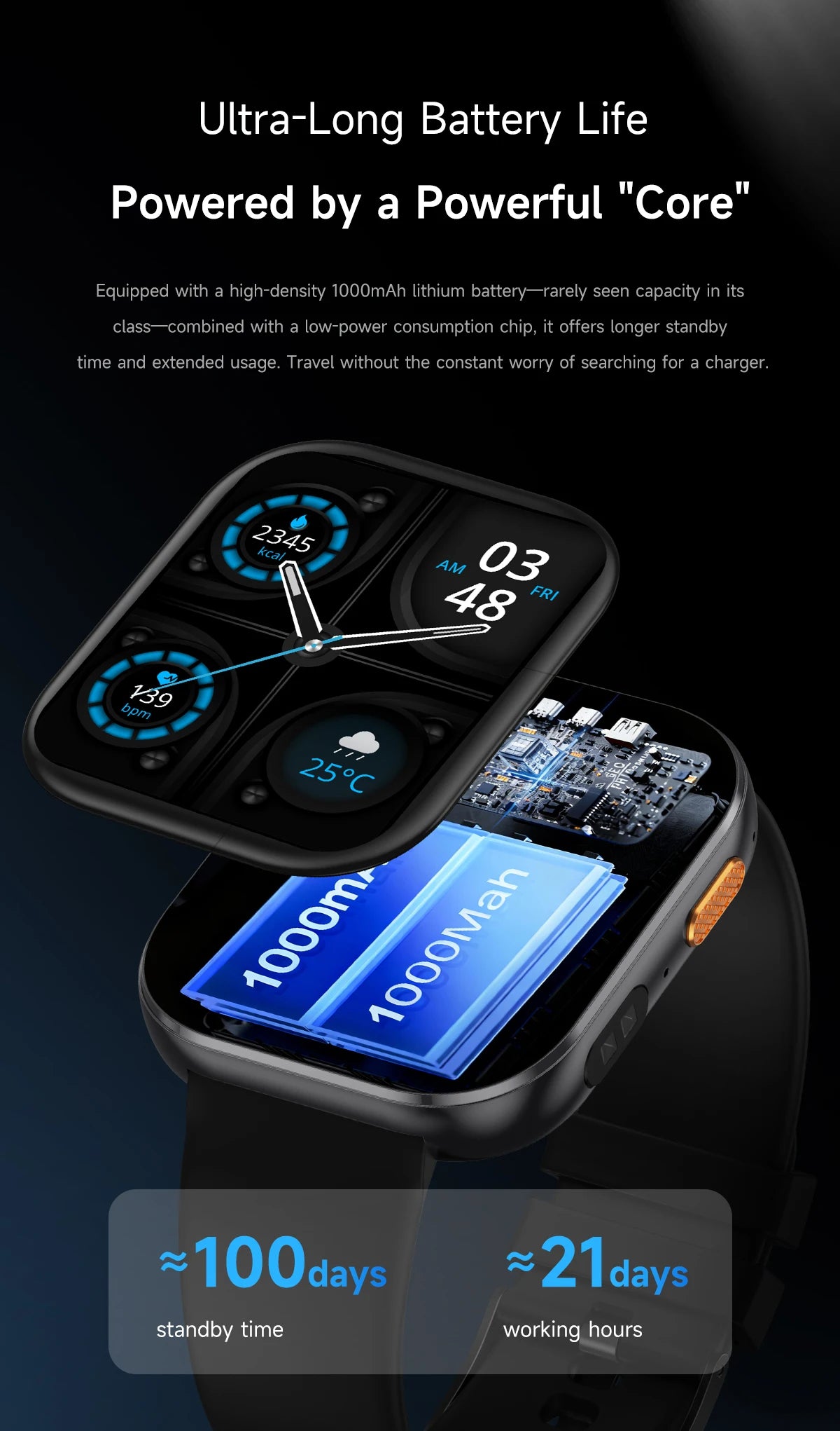 LunaWatch X™ Titan 2.04" – Montre Connectée AMOLED, 1000mAh, Always On, Alexa, IP68, 100+ Sports, 9 Bracelets