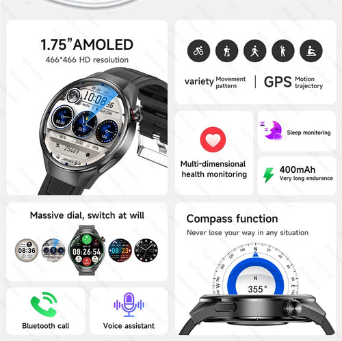 LunaWatch X™ Business Pro – 1.75" AMOLED Smartwatch, Compass, Altimeter, BT Calls, 11 Straps
