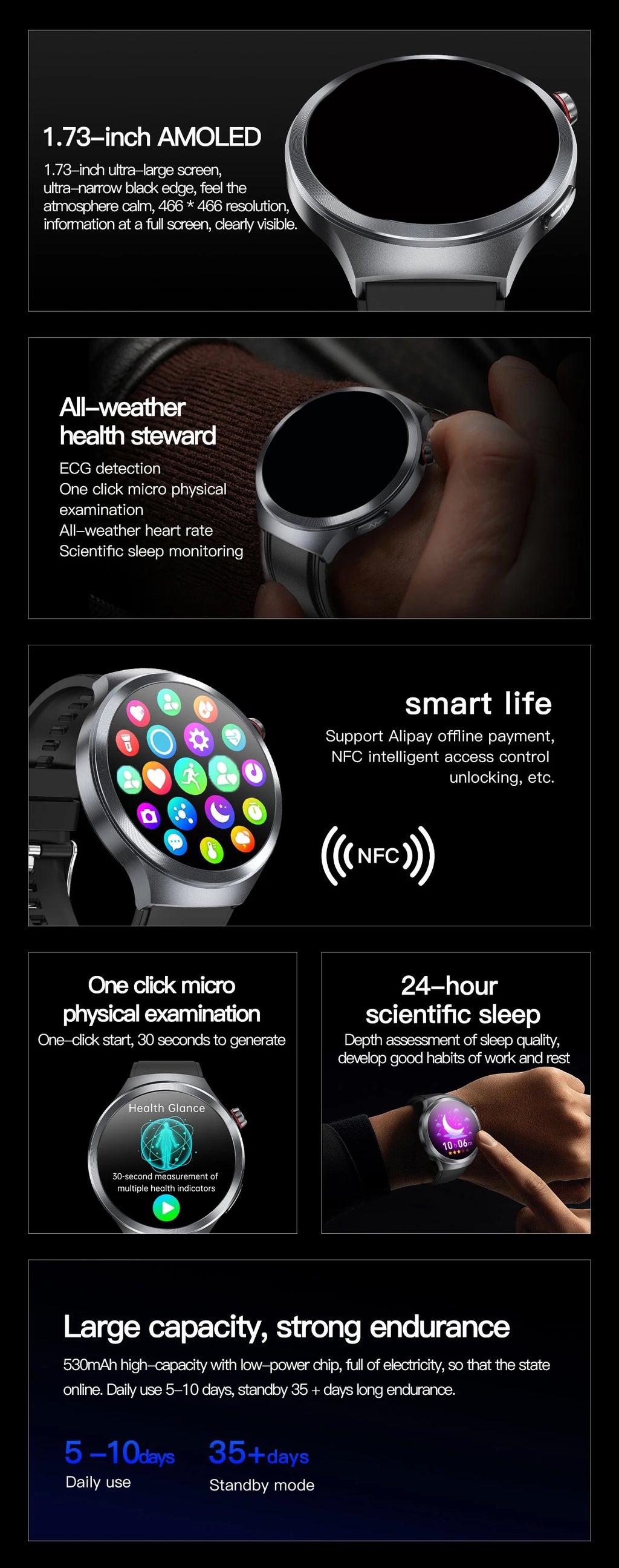 LunaWatch X™ ECG Pro NFC – Montre Connectée AMOLED 1.73", ECG, NFC, IP68, SOS, Appels BT, 530mAh