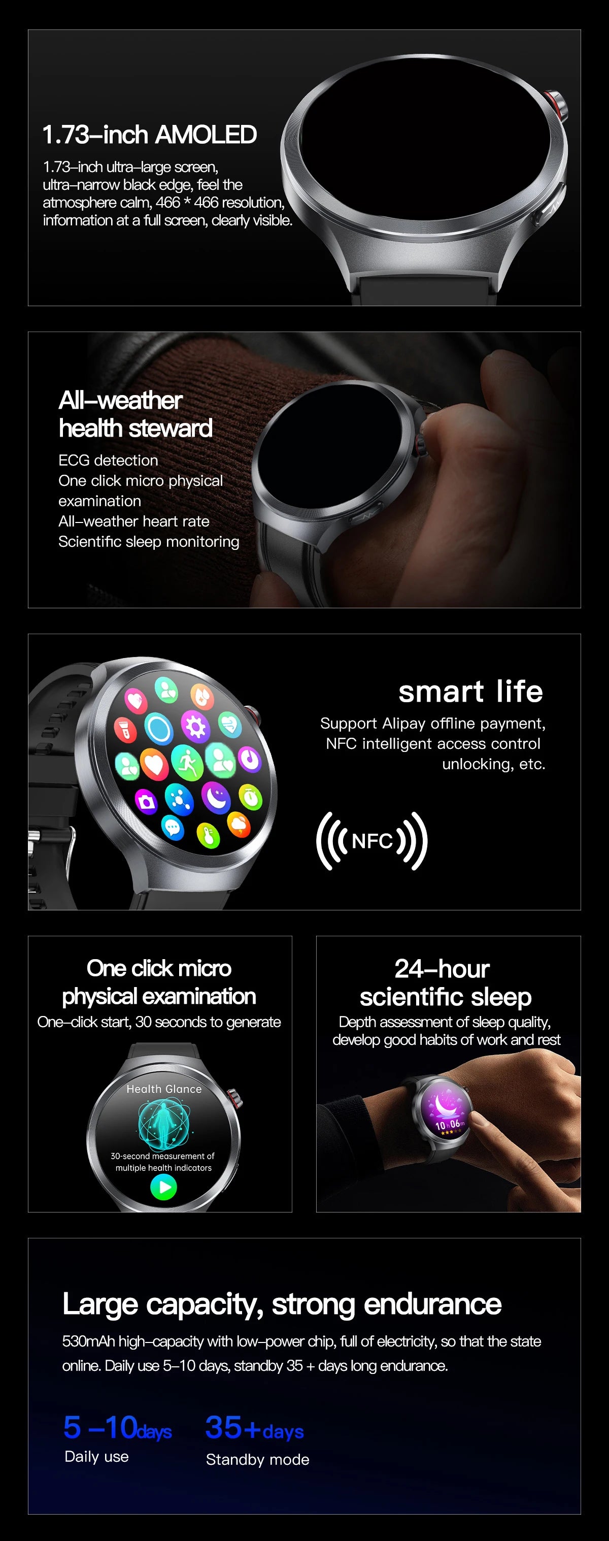 LunaWatch X™ ECG Pro NFC – Montre Connectée AMOLED 1.73", ECG, NFC, IP68, SOS, Appels BT, 530mAh