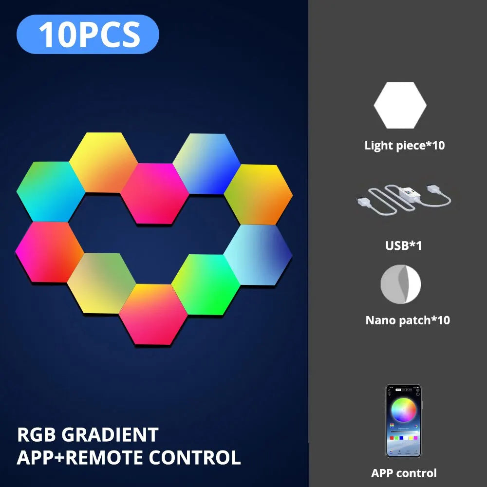 HexaGlow RGB™ Pro – Lampe Murale Hexagonale Connectée, Contrôle WiFi & BT, Synchronisation Musicale, DIY