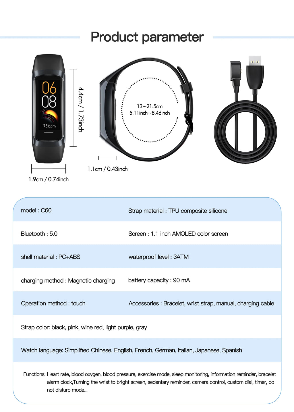 LunaFit X™ Pulse – Bracelet Connecté AMOLED, 3ATM 30m, Température, 25 Sports, 7 Jours, 4 Coloris
