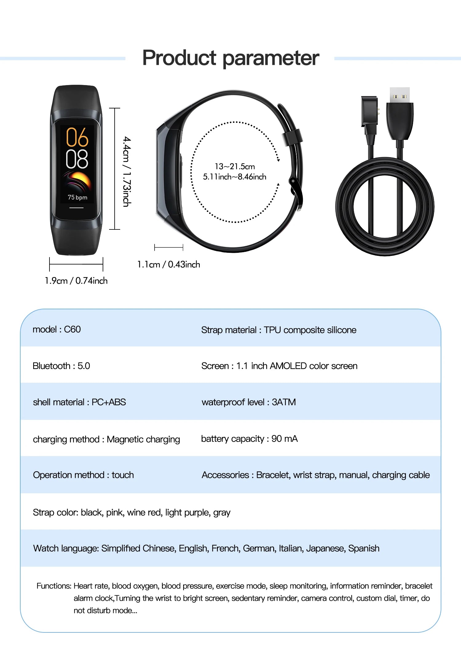 LunaFit X™ Pulse – Bracelet Connecté AMOLED, 3ATM 30m, Température, 25 Sports, 7 Jours, 4 Coloris