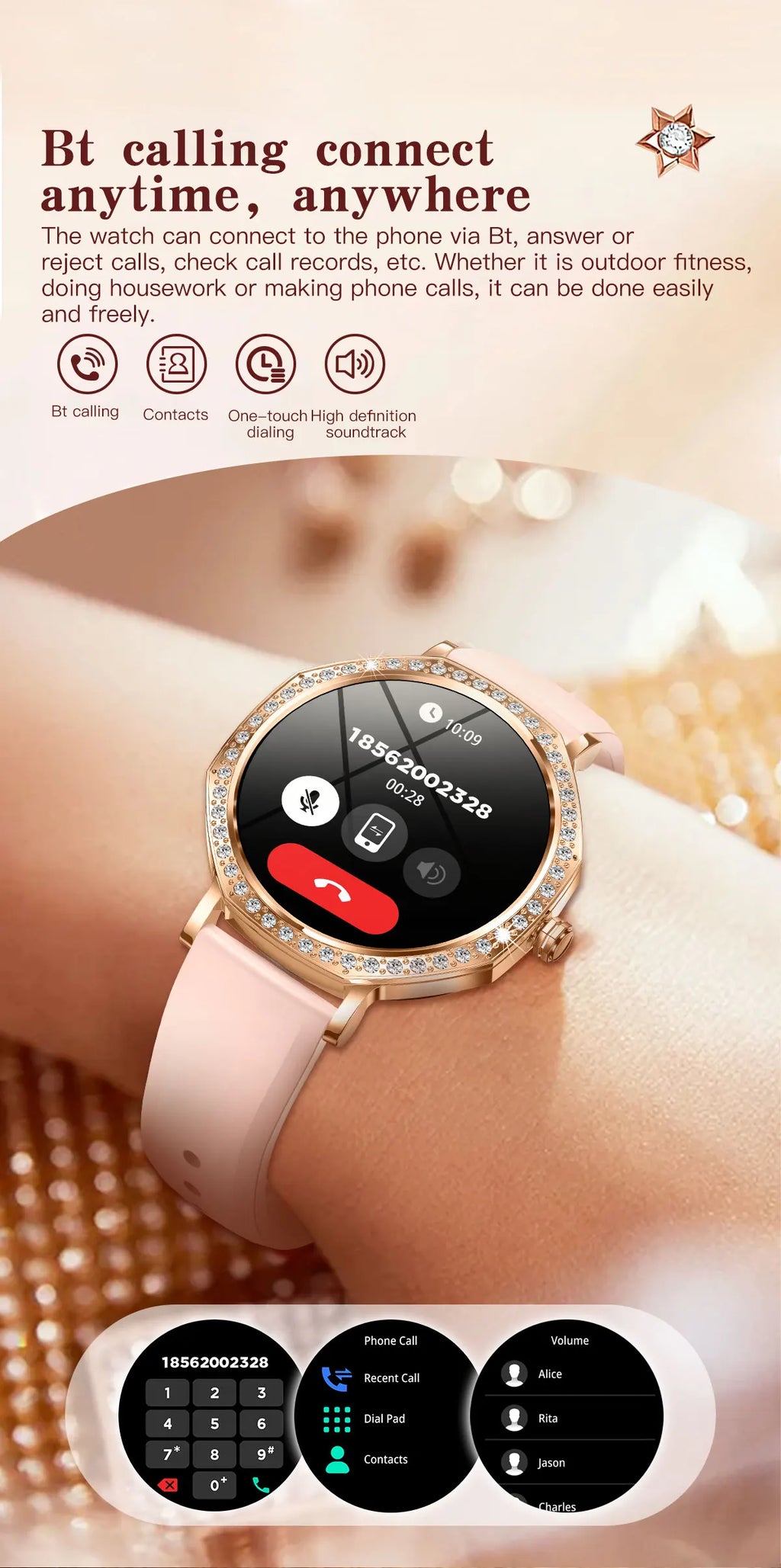 LunaWatch X™ ChatGPT – Montre Connectée Femme AMOLED 1.32", Cadran Diamant, IP68, ChatGPT, Appels BT
