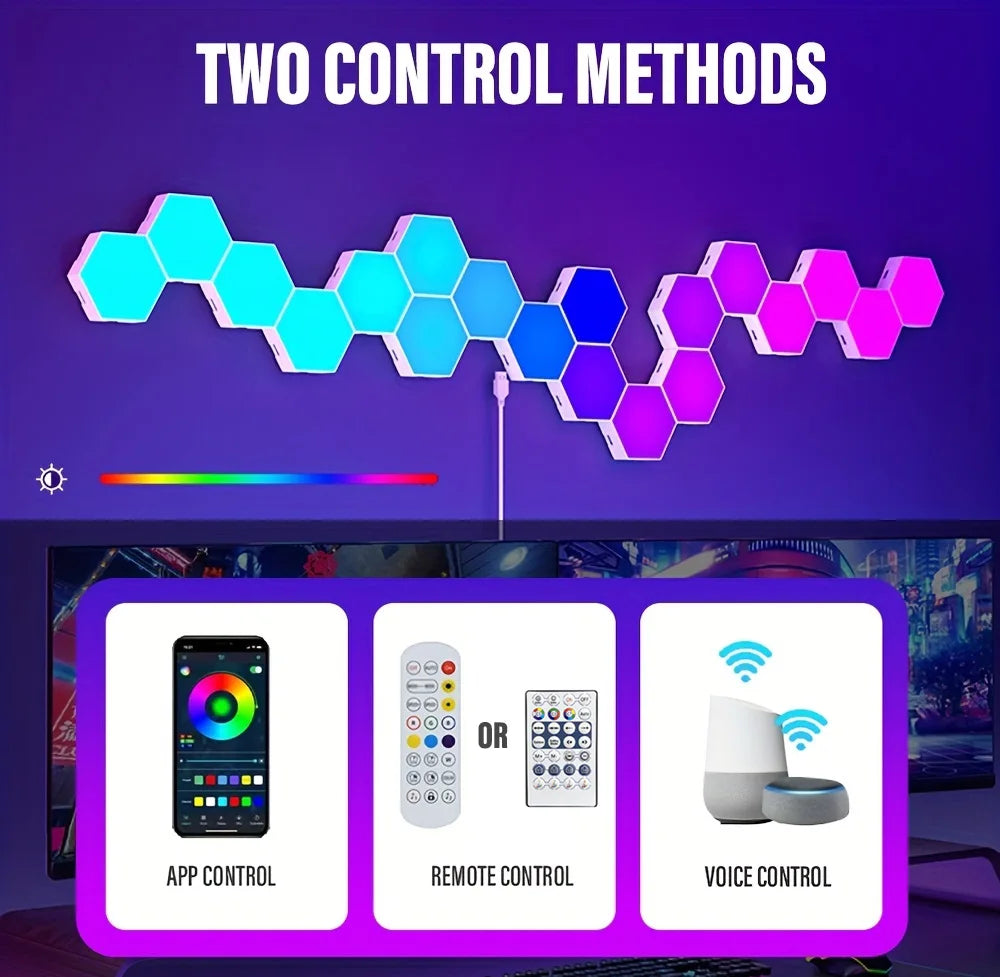 HexaGlow RGB™ Pro – Lampe Murale Hexagonale Connectée, Contrôle WiFi & BT, Synchronisation Musicale, DIY