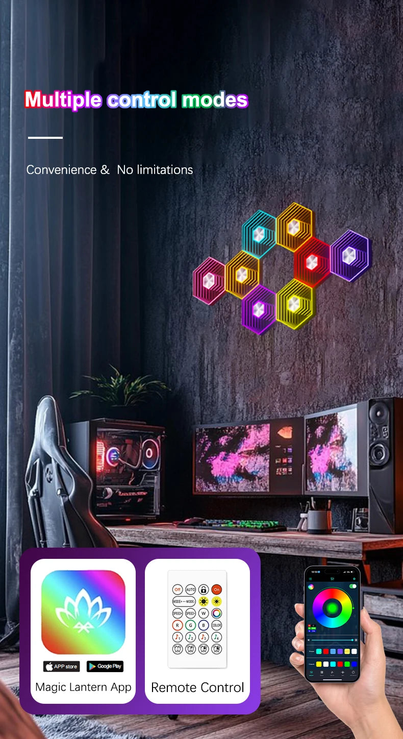 QuantumWall RGB™ Pro – LED-Hexagonale Wandleuchte, Bluetooth- & Fernbedienung, Musiksynchronisation, DIY